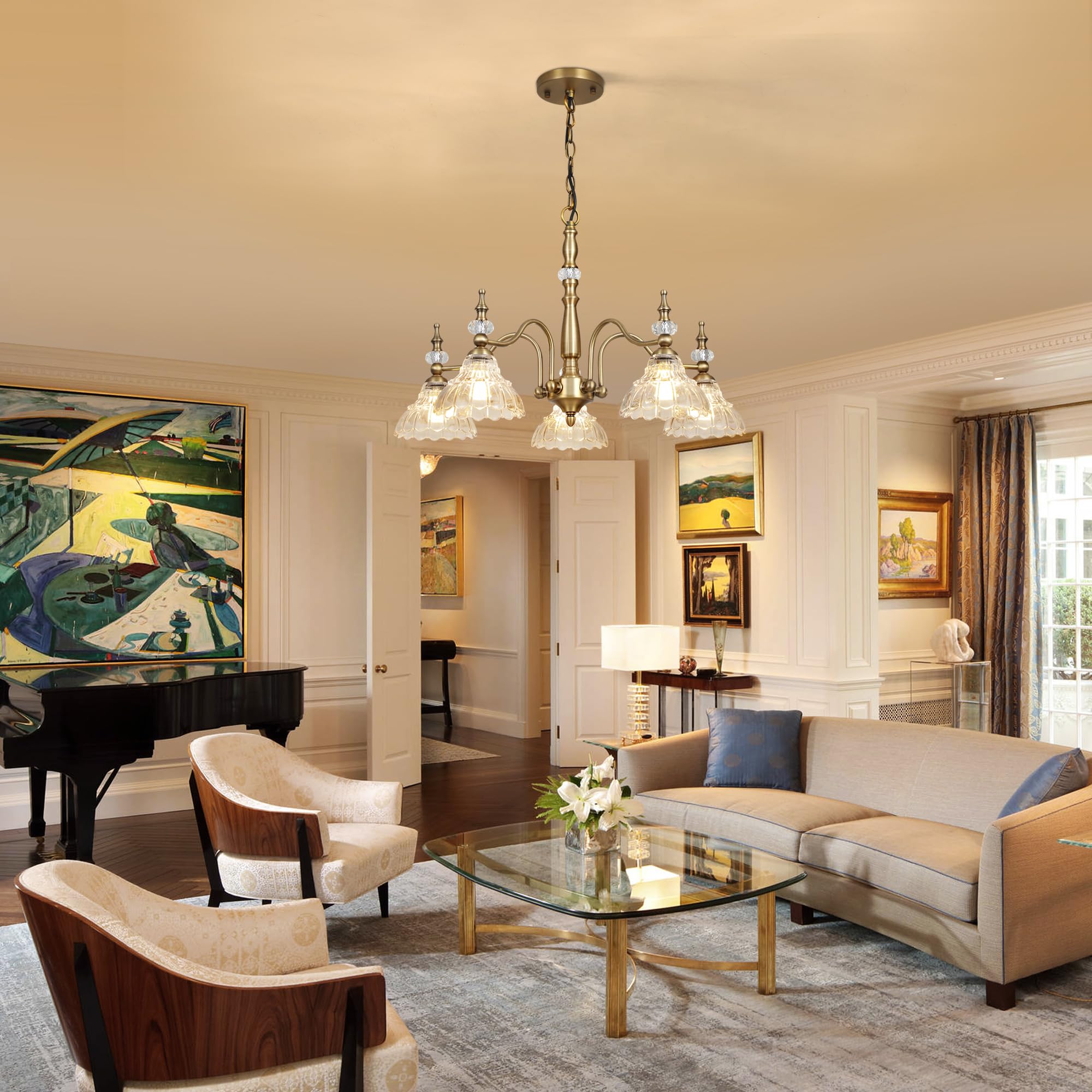 ZXFDWB Gold Chandelier 5-Light Fixture with Crystal Glass Shade